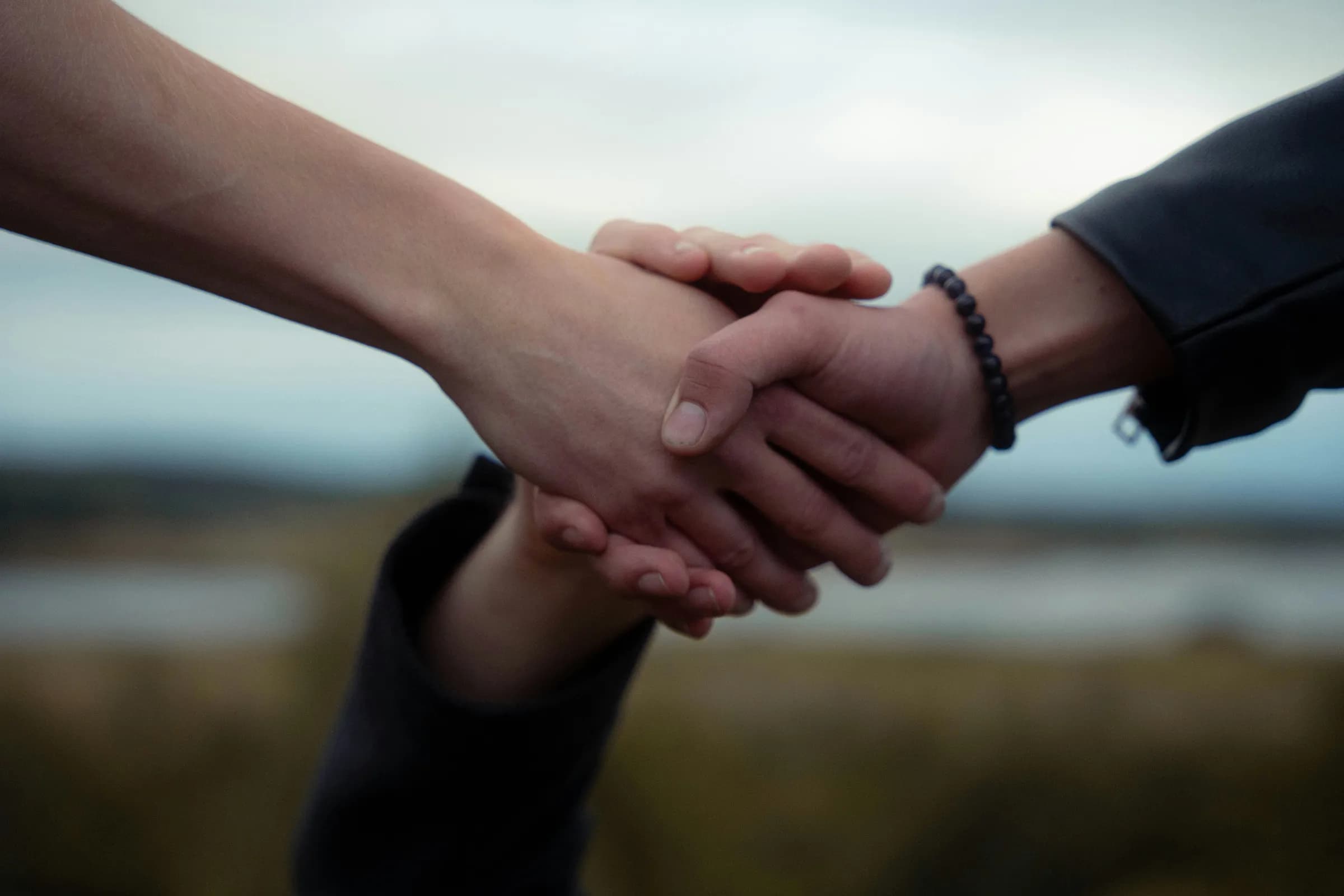 Two hands clasped in a firm, supportive grip against a soft outdoor background